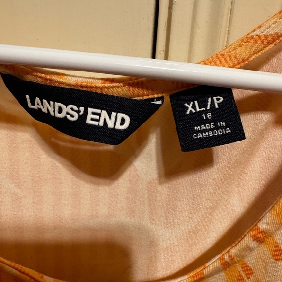 Lands’ End Women’s Faux Wrap Dress Coral Orange Tropical Stripe Print Sz XL/P 18 - Picture 6 of 12